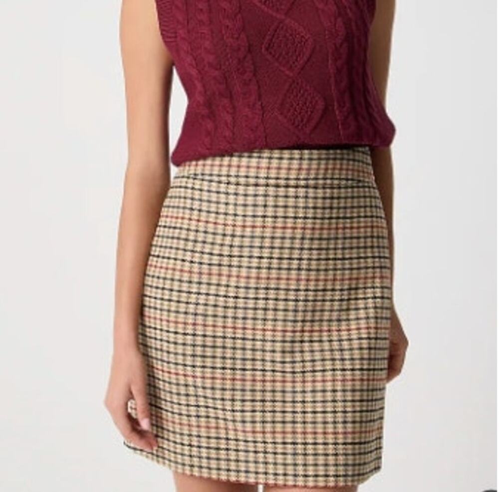 J. Crew Plaid Light Khaki Brick Red Wool Blend A-Line Mini Skirt Size 6